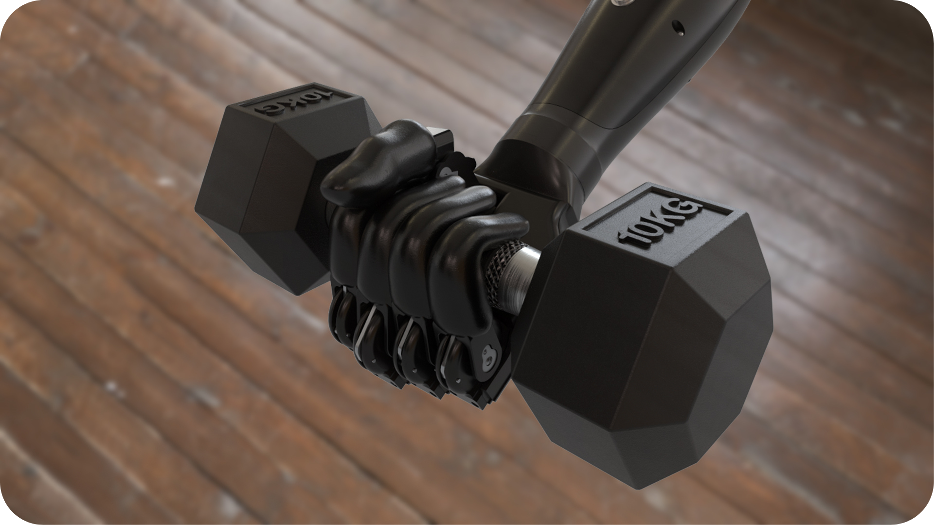 A Bionic hand holding a 10kg Dumbell